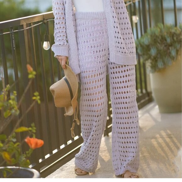 Lilac Open Knit 2pc Cardigan Pant Crochet Set - Picture 3 of 6